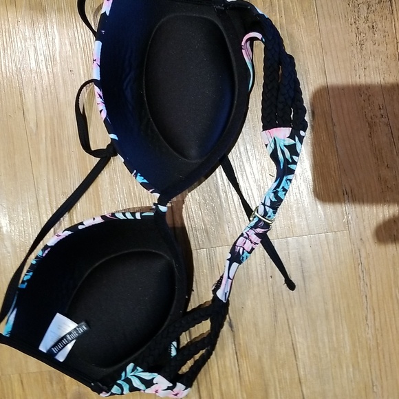 Tie Neck and slide clasp back push up blue white pink floral swim top EUC szXL - Picture 3 of 5